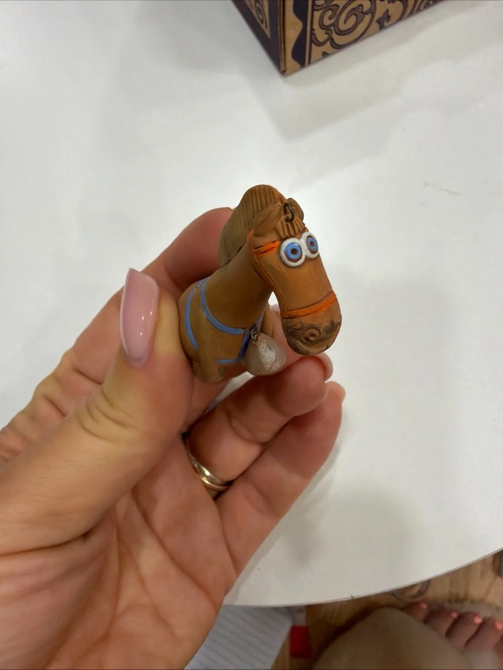 Handcrafted Brown Horse Ornament Toy with Blue Harness